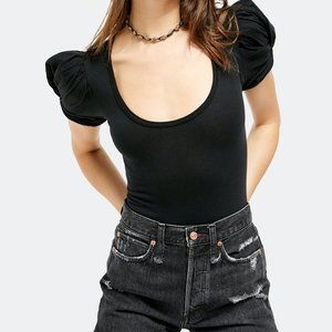 Free People Ava Puff Sleeve Black Bodysuit XS NWT